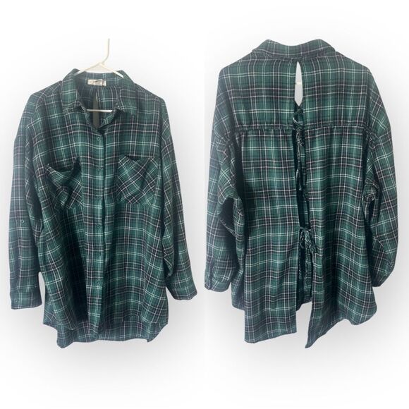 L.I.F.E. Flannel Top Womens XL Green Button Tie Up Down Open Back Shirt - Picture 1 of 1